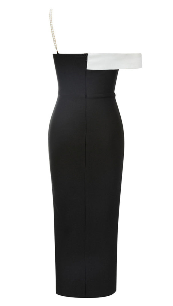 AIIZIE ASYMMETRIC STRAP SLIT MIDI DRESS IN BLACK AND WHITE - product image