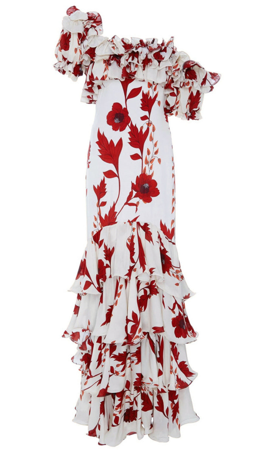 White Red Floral Off - Shoulder Tiered Maxi Dress