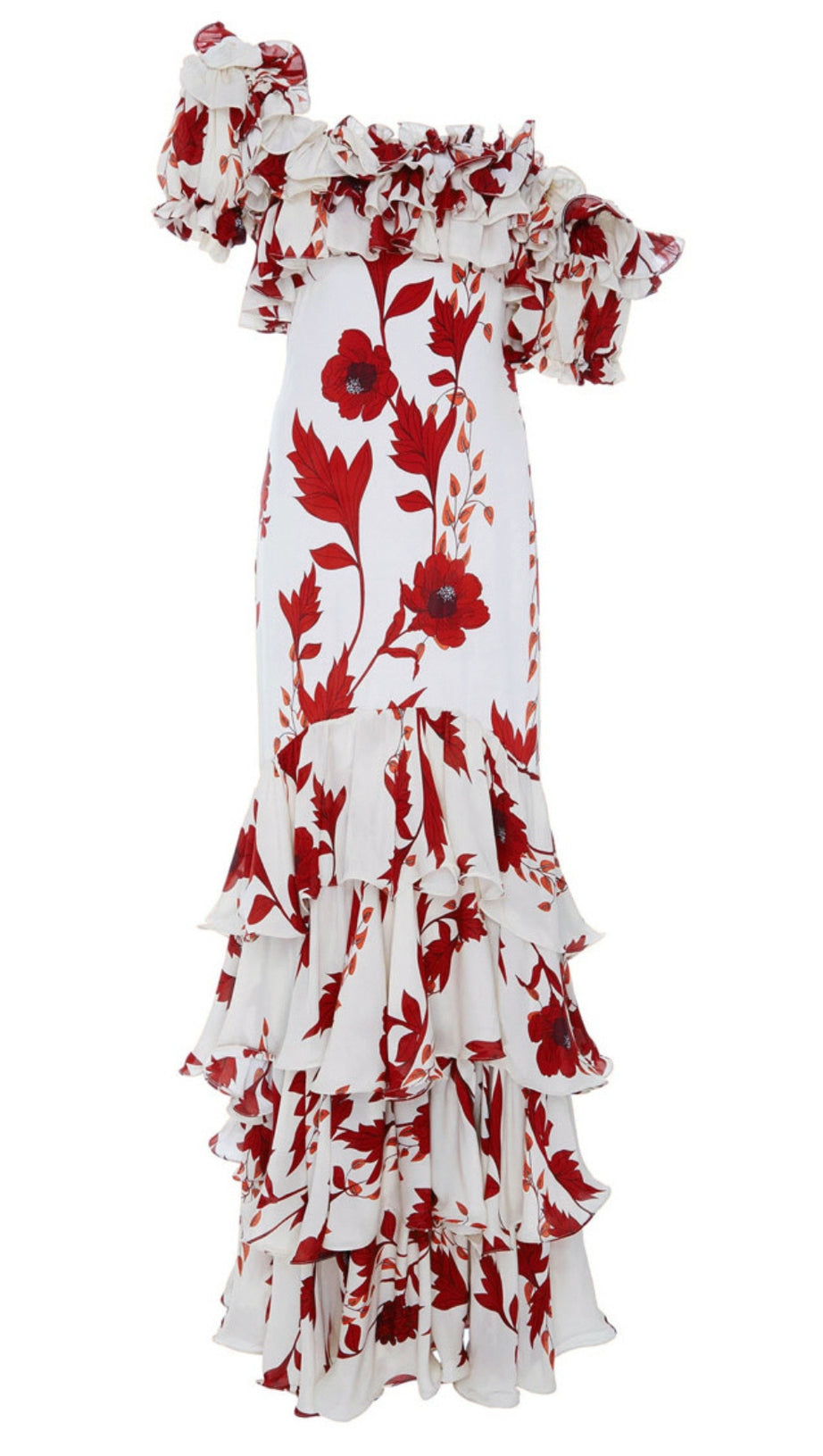 WHITE RED FLORAL OFF - SHOULDER TIERED MAXI DRESS