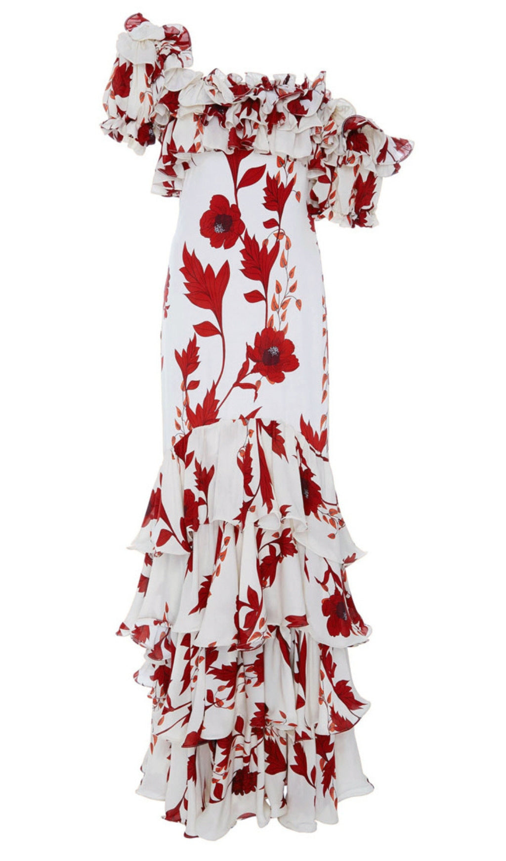 WHITE RED FLORAL OFF - SHOULDER TIERED MAXI DRESS