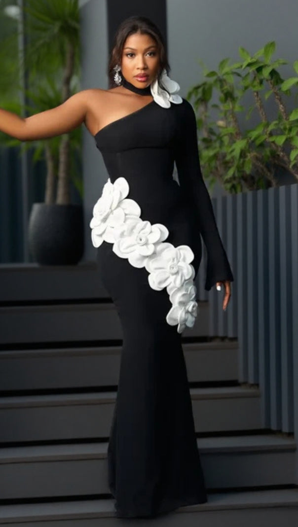 AIIZIE GEMMA ONE SHOULDER 3D FLOWER BANDAGE MAXI DRESS IN BLACK - product image