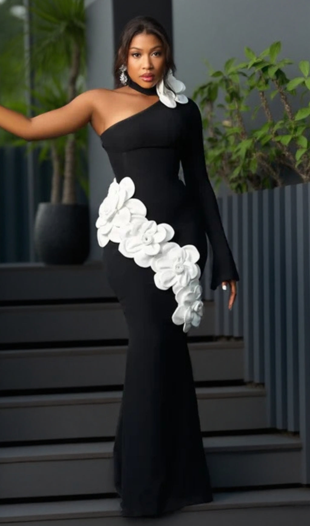 GEMMA ONE SHOULDER 3D FLOWER BANDAGE MAXI DRESS IN BLACK