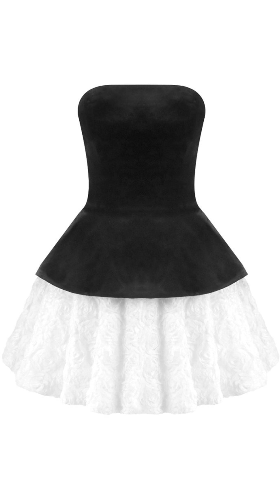 Trägerloses, zweifarbiges Minikleid mit Blumenmuster in Schwarz