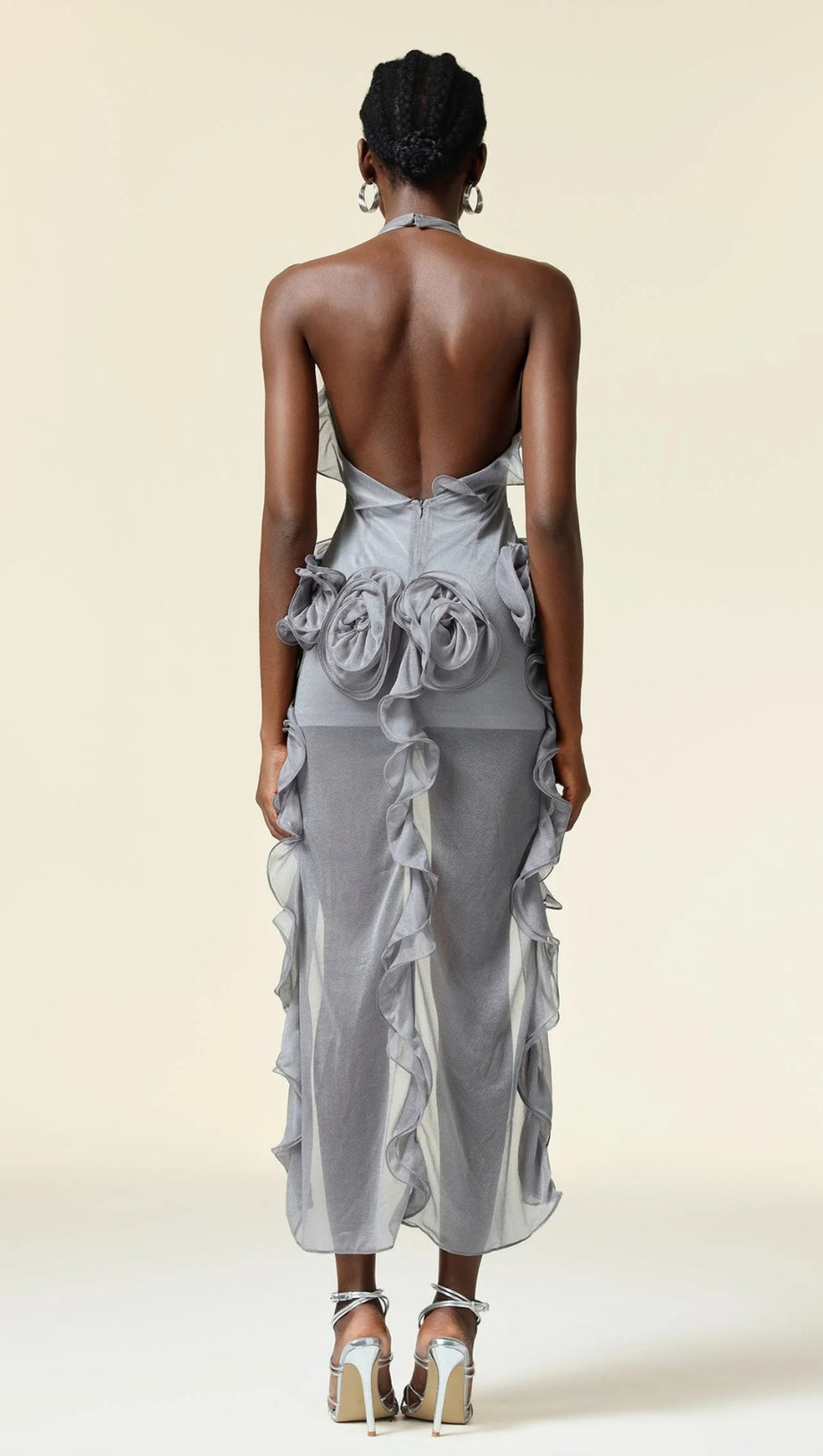 ABITO CORTO A FIORI GRIGIO MELISSA CON PIEGHE ASIMMETRICHE