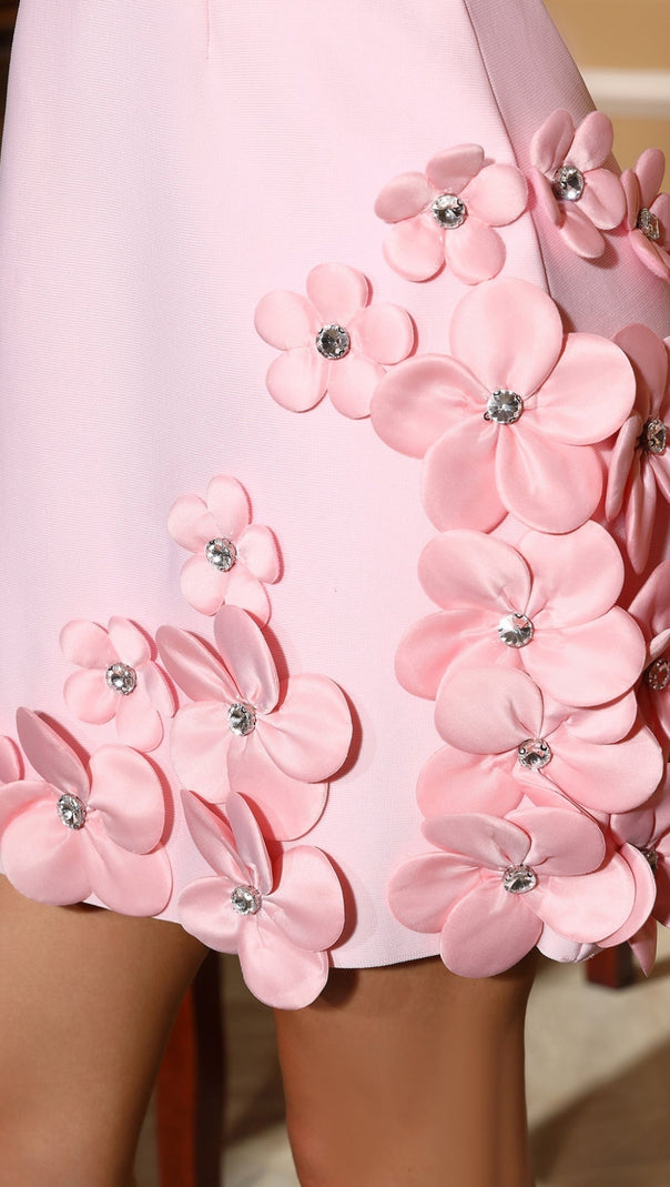 AIIZIE CYNTHIA 3D FLOWER V-NECK SLEEVELESS BODYCON MINI DRESS IN PINK - product image