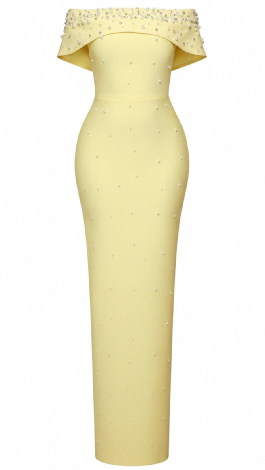 BELEN PEARL BEADED STRAPLESS MAXI BANDAGE DRESS IN YELLOW AIIZIE BELEN PEARL BEADED STRAPLESS MAXI BANDAGE DRESS IN YELLOW AIIZIE