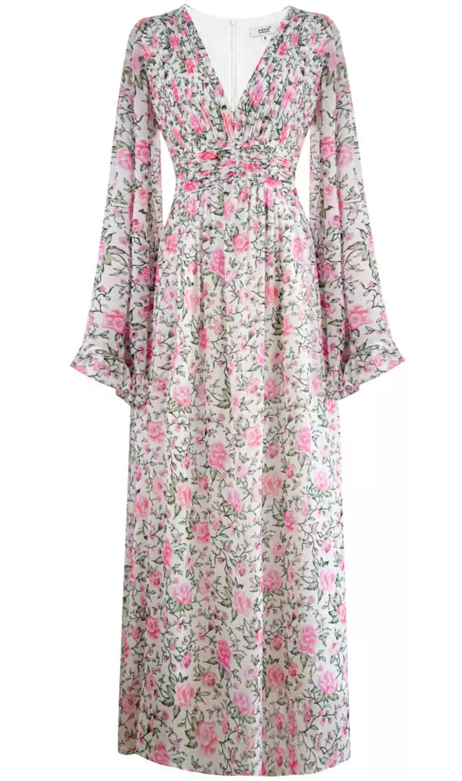 PinkPink – Geblümtes Chiffon-Maxikleid mit Glockenärmeln und V-Ausschnitt 