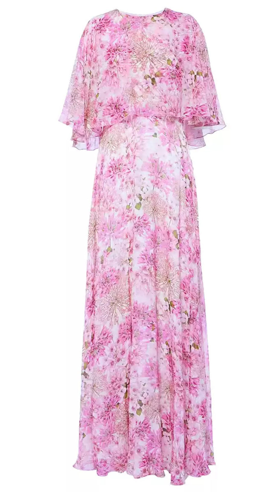 PINK FLORAL CHIFFON CAPE - SLEEVE MAXI DRESS