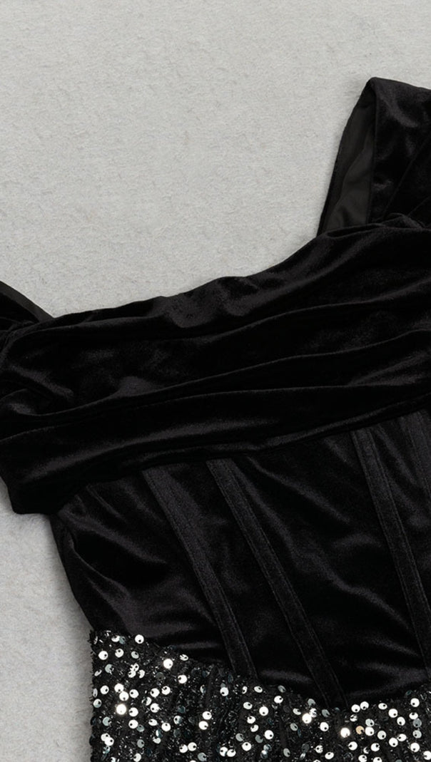 AIIZIE VELVET OFF - SHOULDER GLITTER - SKIRT MAXI DRESS IN BLACK - product image