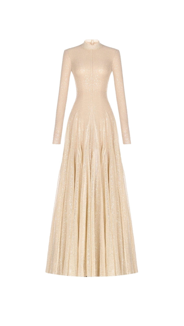 AIIZIE ANILA BEIGE MESH LONG SLEEVE SLIM MAXI DRESS - product image