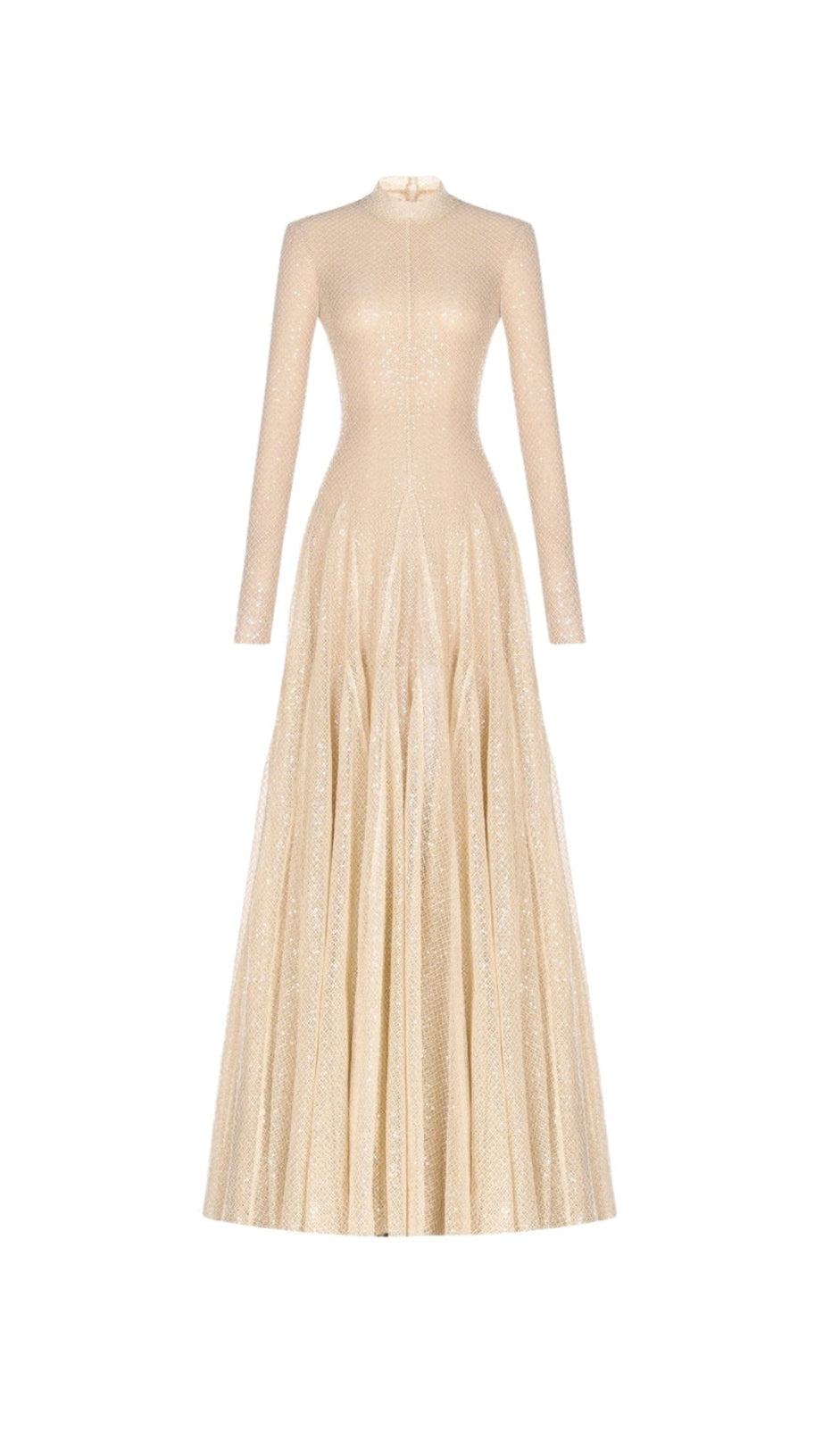 ANILA BEIGE MESH LONG SLEEVE SLIM MAXI DRESS