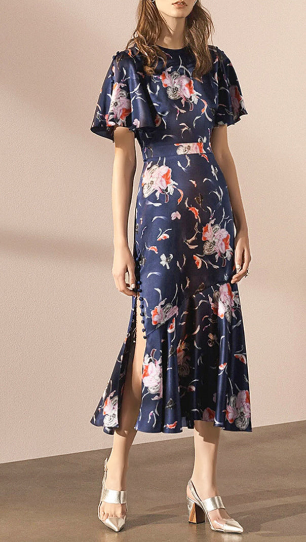 AIIZIE NAVY FLORAL PRINT MIDI DRESS WITH FLARED HEM - product image
