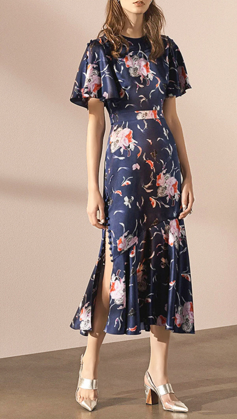 NAVY FLORAL PRINT MIDI DRESS WITH FLARED HEM