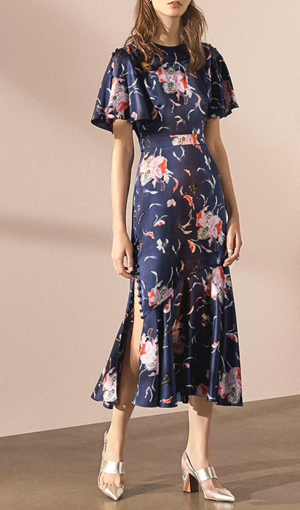 NAVY FLORAL PRINT MIDI DRESS WITH FLARED HEM