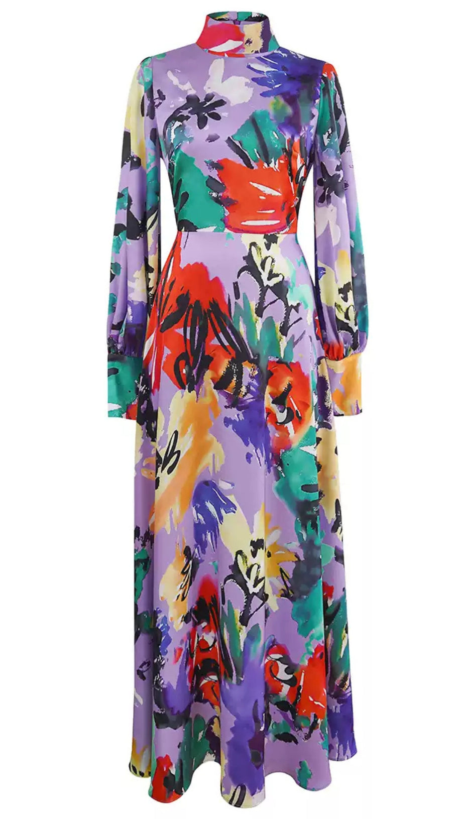 Lilafarbenes, bunt bedrucktes Maxikleid mit langen Ärmeln 