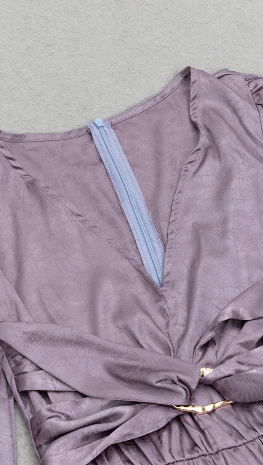 V - NECK BELTED BROCADE LONG - SLEEVE IN PURPLE