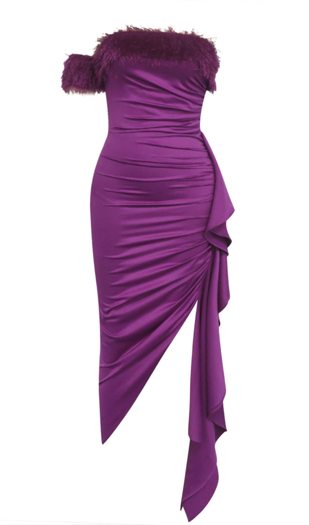 OFF - SHOULDER FEATHER - TRIMMED RUFFLED MIDI DRESS IN PURPLE
