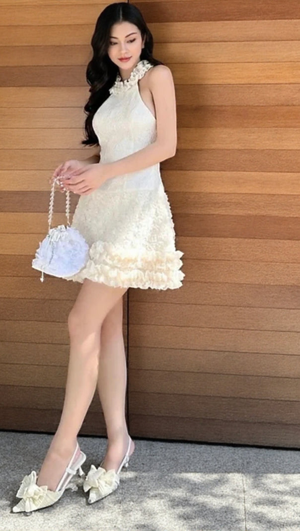 AIIZIE SUMMER SLEEVELESS RUFFLE COLLAR JACQUARD MINI DRESS - product image