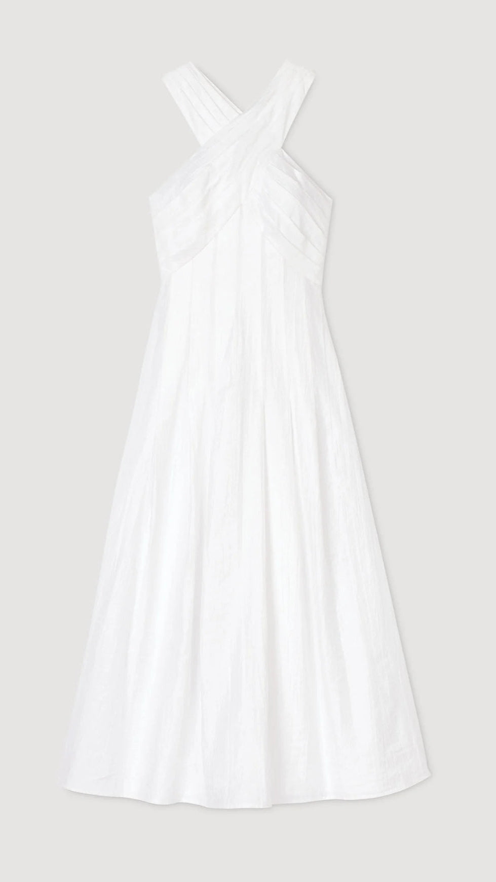 HIGH CROSSOVER V-NECK PLEATED MAXI DRESS IN WHITE