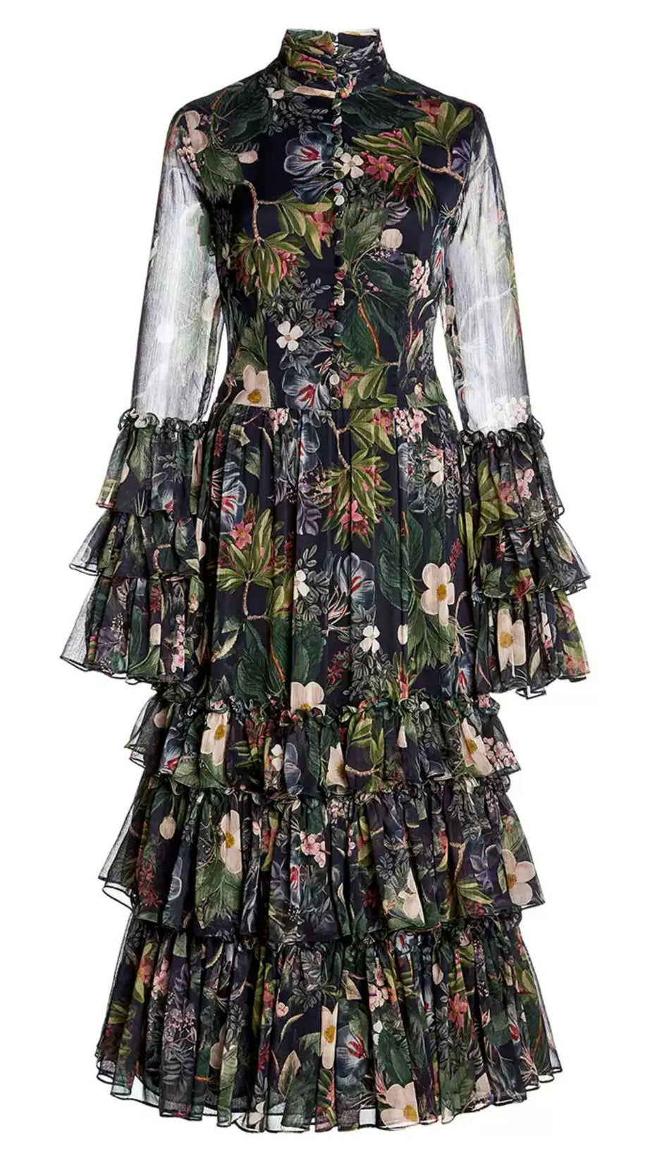 FLORAL PRINT TIERED MAXI DRESS WITH SHEER SLEEVES