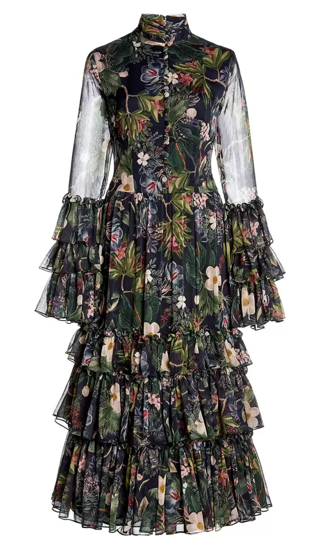 FLORAL PRINT TIERED MAXI DRESS WITH SHEER SLEEVES