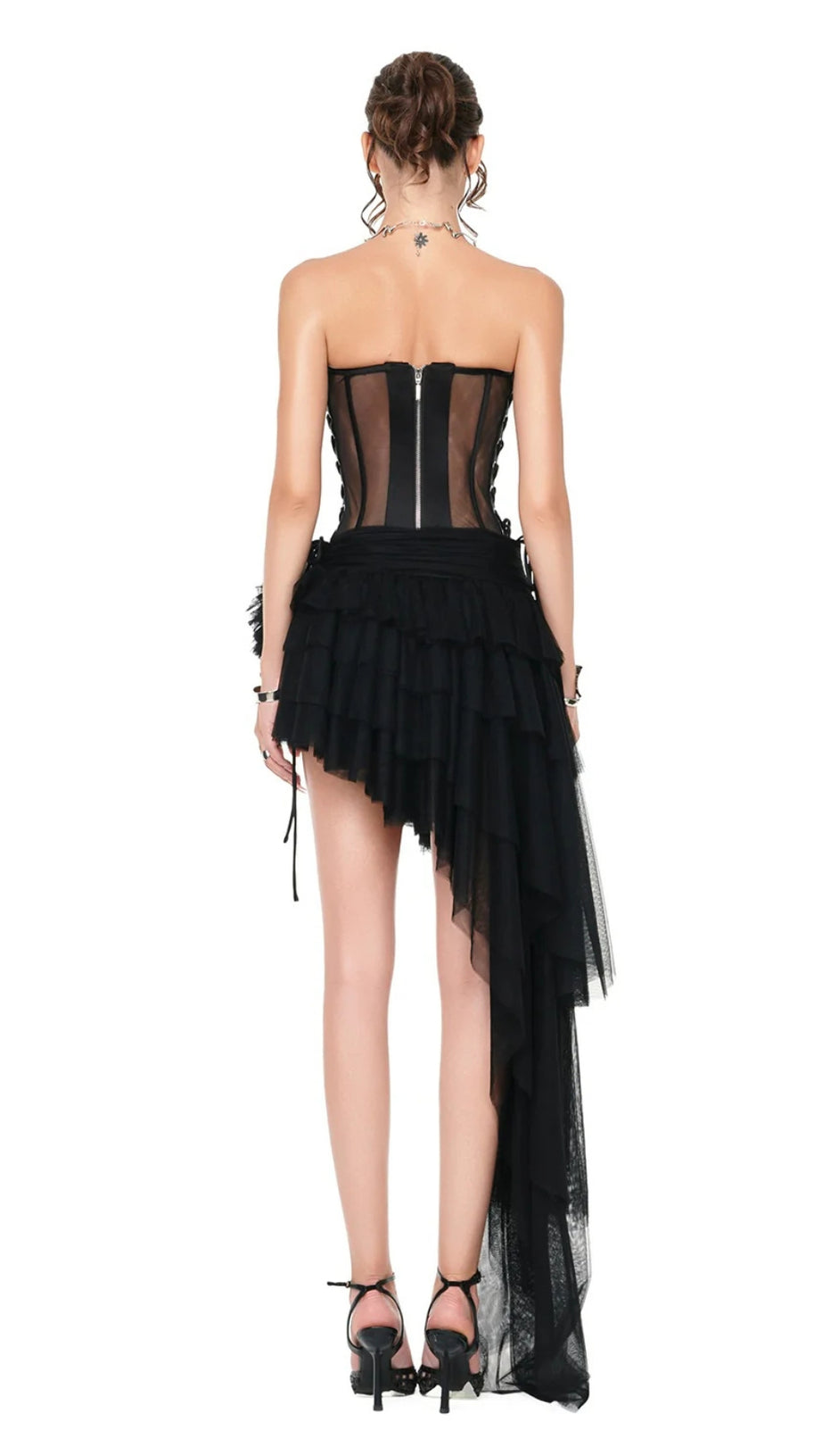 BLACK CORSET TOP & IRREGULAR MESH SKIRT TWO PIECES SET