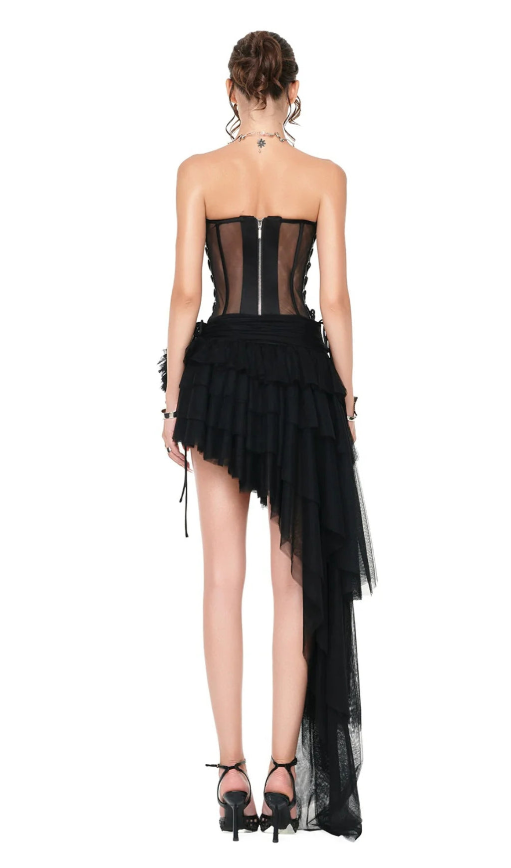 AIIZIE BLACK CORSET TOP & IRREGULAR MESH SKIRT TWO PIECES SET - product image