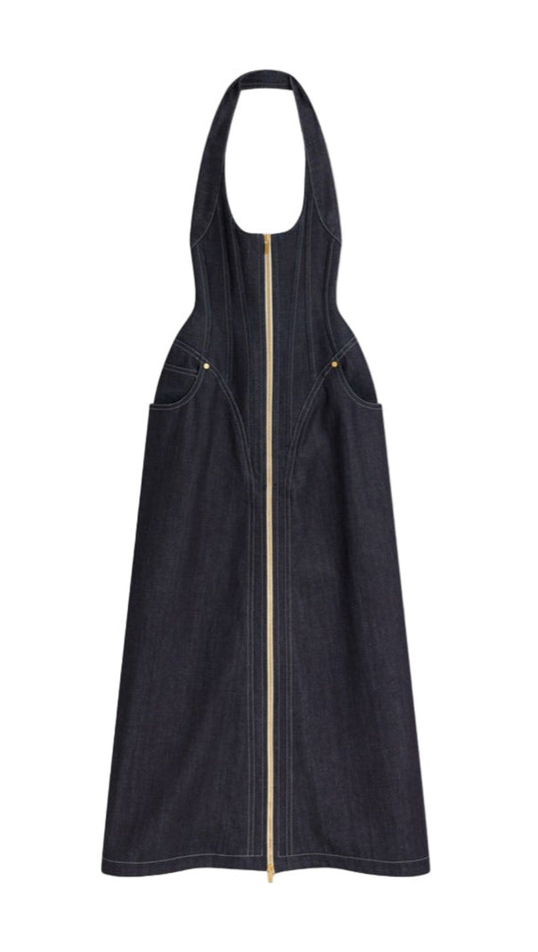 AIIZIE HALTERED CORSETED MIDI DRESS DENIM IN NAVY BLUE - product image