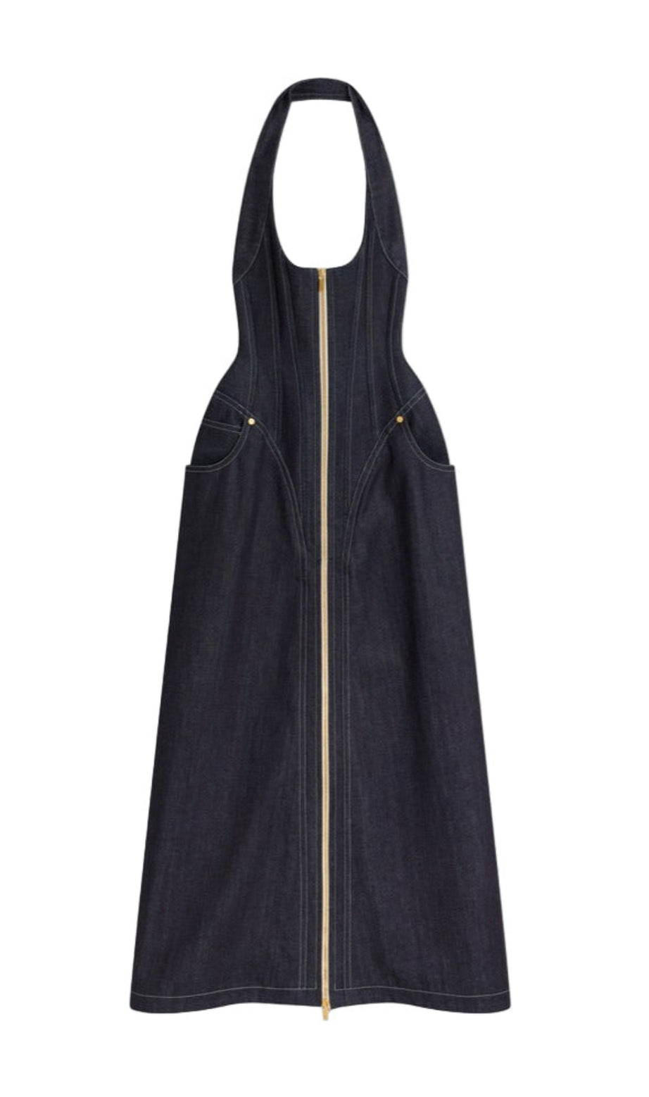 haltered corseted midi dress denim in navy blue