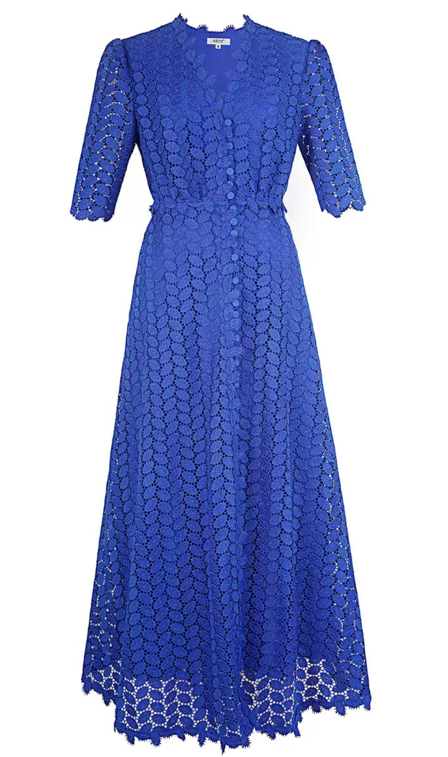 Elegante abito midi in pizzo blu con bottoni sul davanti 