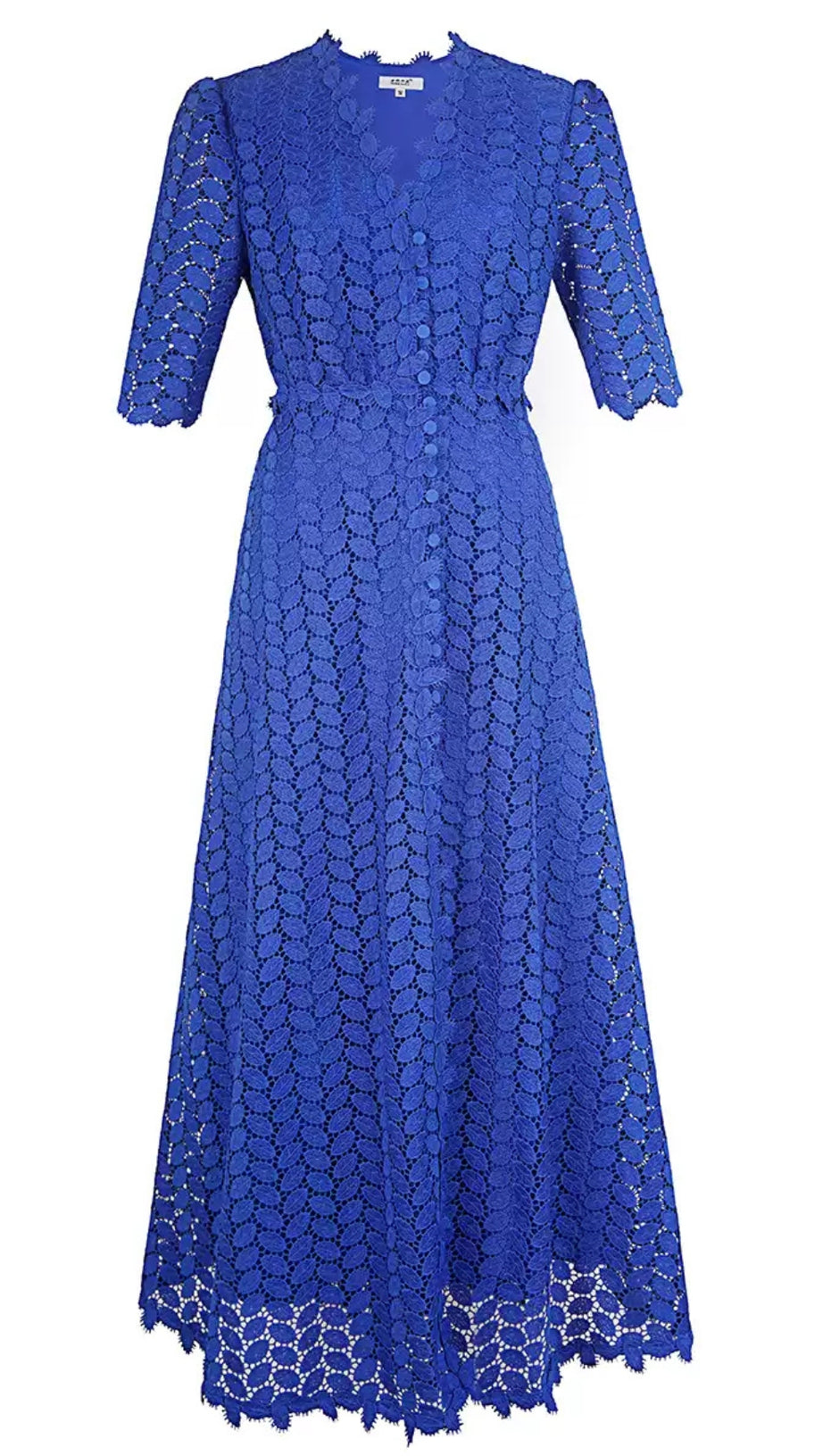 ELEGANT BLUE LACE MIDI DRESS WITH BUTTON FRONT