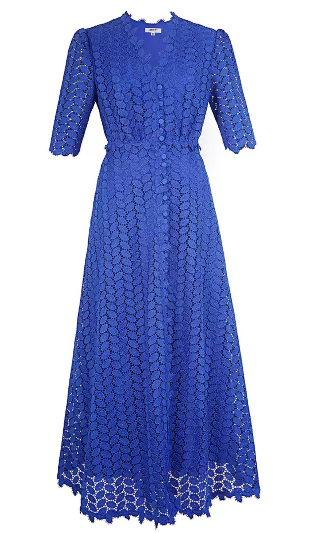 ELEGANT BLUE LACE MIDI DRESS WITH BUTTON FRONT