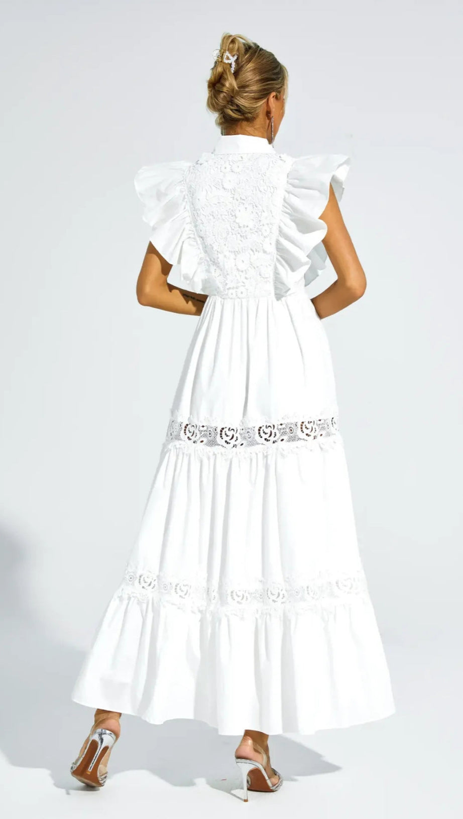 WHITE SLEEVELESS RUFFLE TRIM MIDI DRESS