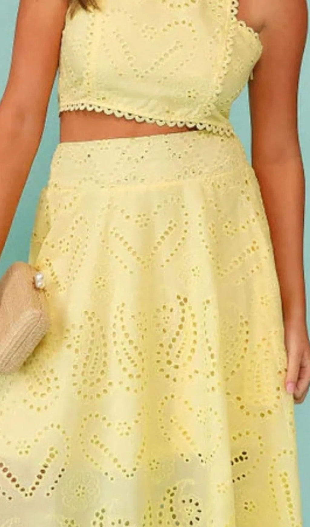 EYELET LACE TOP AND MAXI SKIRT SET IN YELLOW