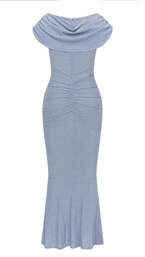AIIZIE COWL - NECK RUCHED MERMAID MIDI DRESS IN LIGHT BLUE - product image