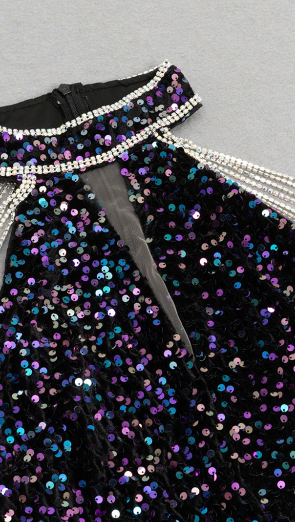 AIIZIE GLITTER HALTER NECK RHINESTONE - STRAP MERMAID GOWN IN BLACK - product image