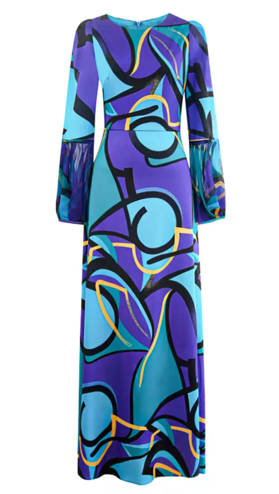ELEGANT ABSTRACT - PRINTED MAXI DRESS WITH SHEER SLEEVE DETAILS