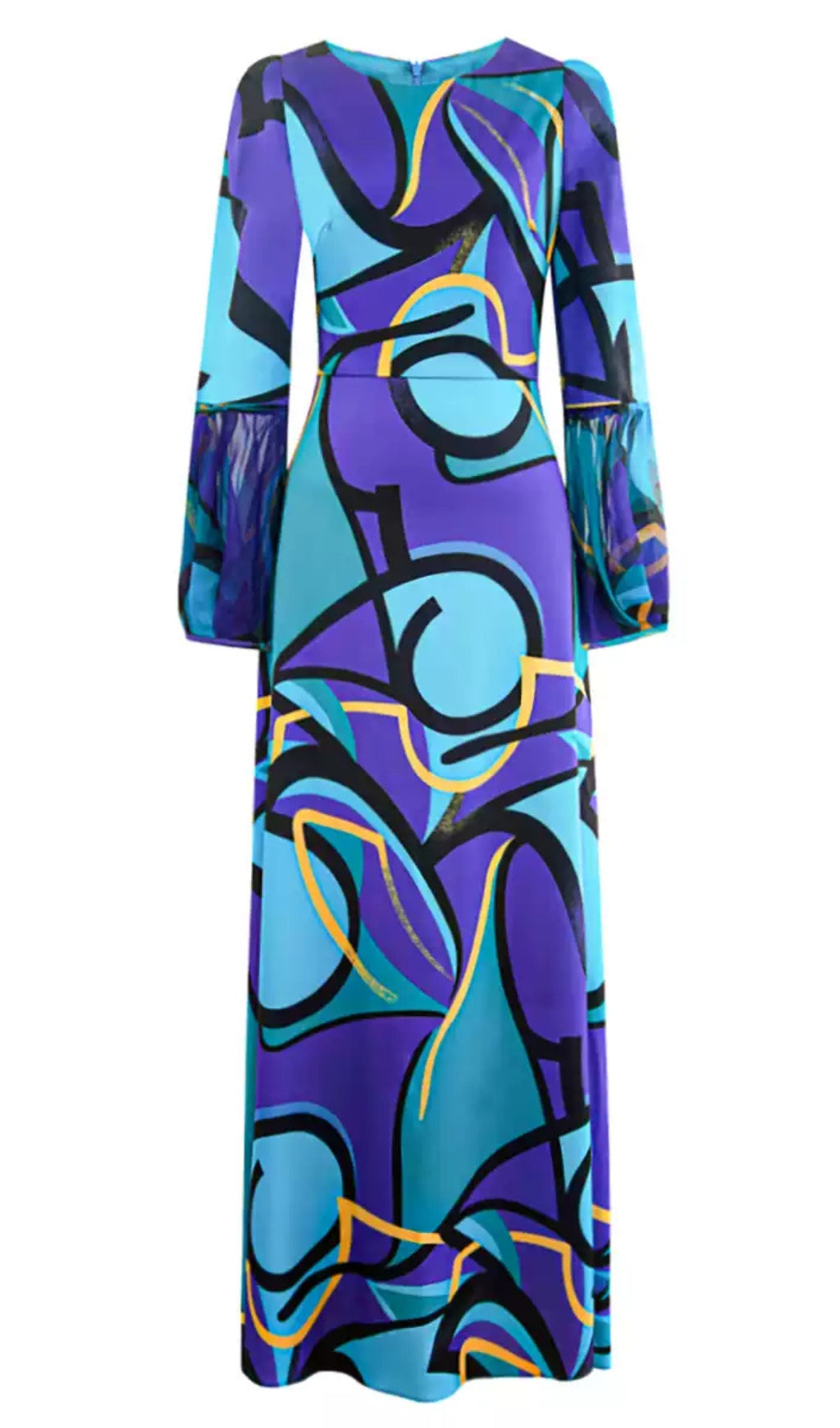 ELEGANT ABSTRACT - PRINTED MAXI DRESS WITH SHEER SLEEVE DETAILS