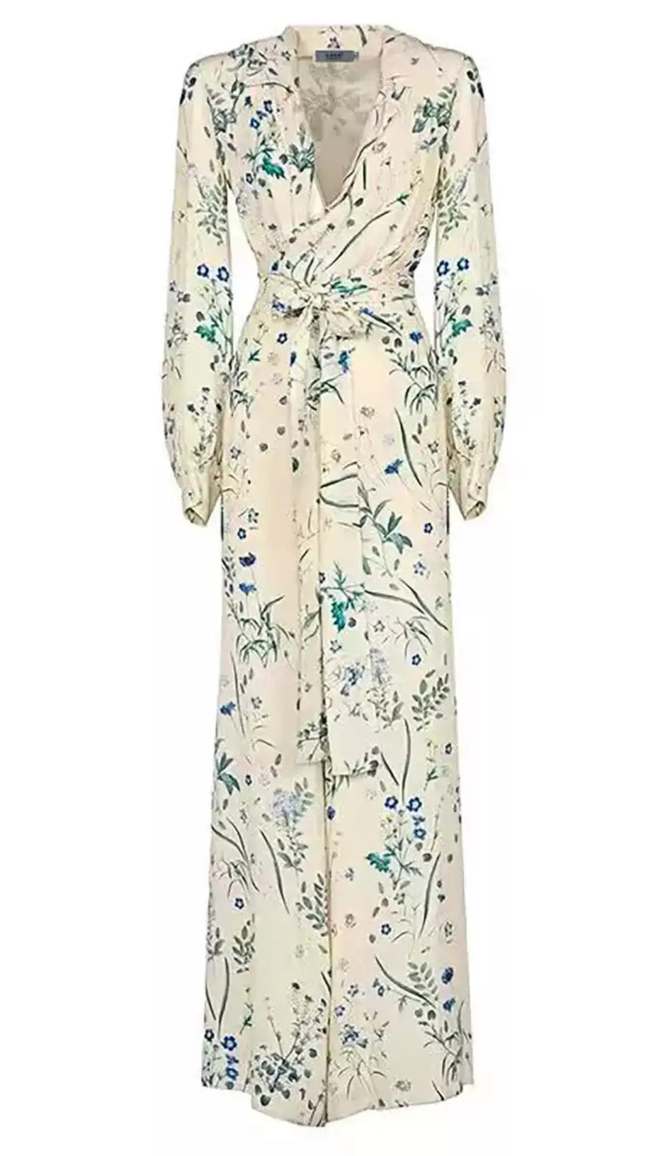 Wickel-Jumpsuit mit Blumenmuster, langen Ärmeln und Taillengürtel 