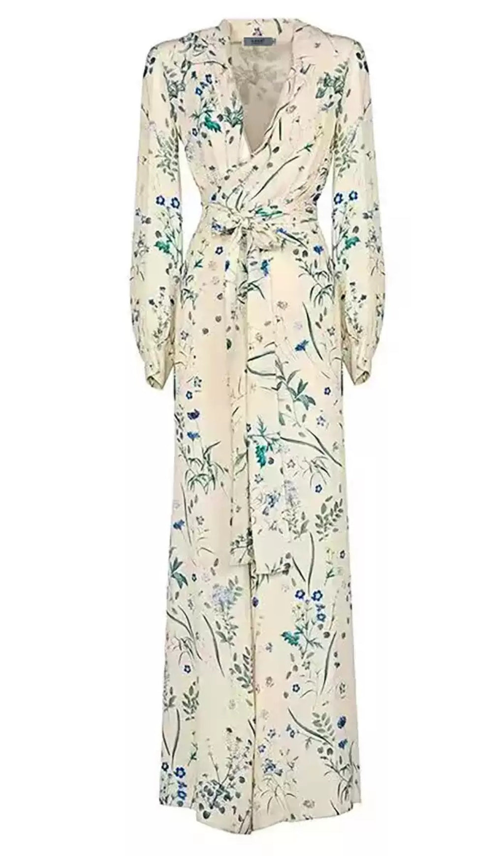 Wickel-Jumpsuit mit Blumenmuster, langen Ärmeln und Taillengürtel 