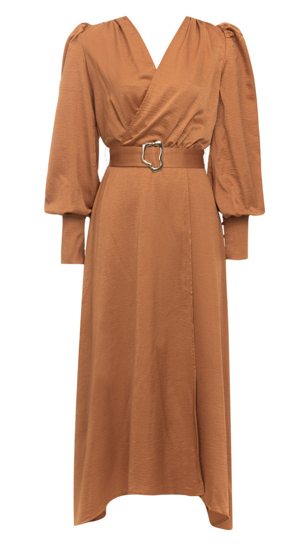 AIIZIE WRAP - V NECK BELTED PUFF - SLEEVE MIDI DRESS IN BROWN - product image