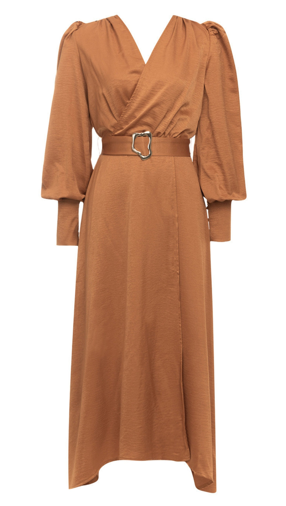 Wickel-Midikleid mit V-Ausschnitt, Gürtel und Puffärmeln in Braun 