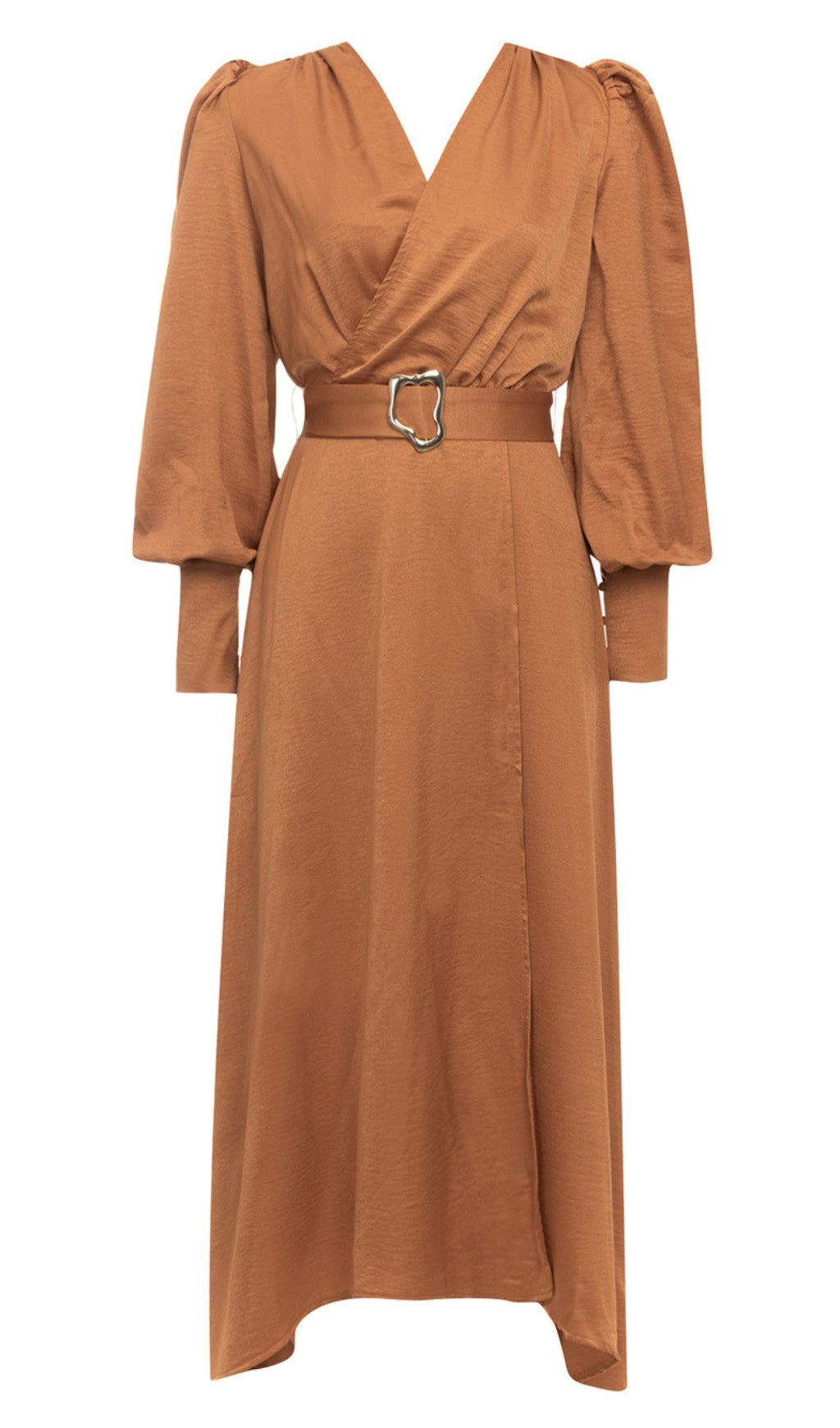 Wickel-Midikleid mit V-Ausschnitt, Gürtel und Puffärmeln in Braun 