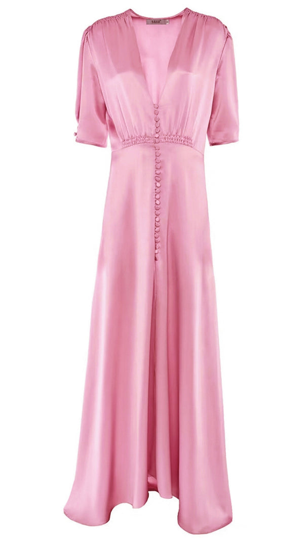 AIIZIE PINK SATIN MAXI DRESS WITH V NECK AND BUTTON FRONT - product image