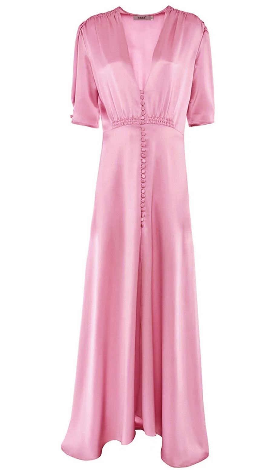 Abito lungo in raso rosa con scollo a V e bottoni sul davanti 