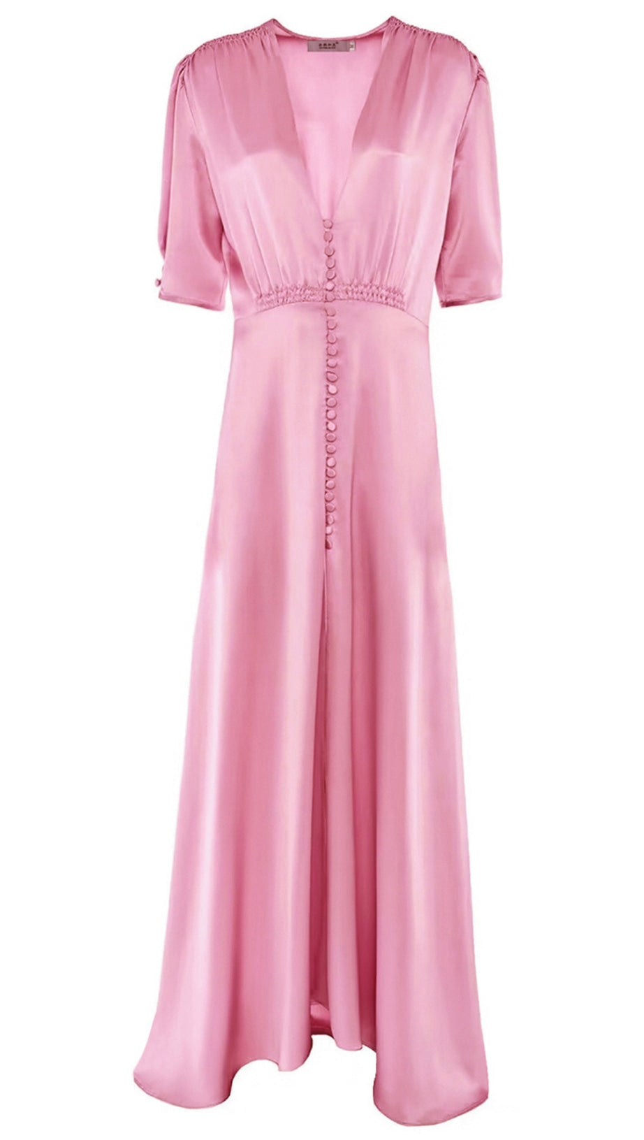 PINK SATIN MAXI DRESS WITH V NECK AND BUTTON FRONT