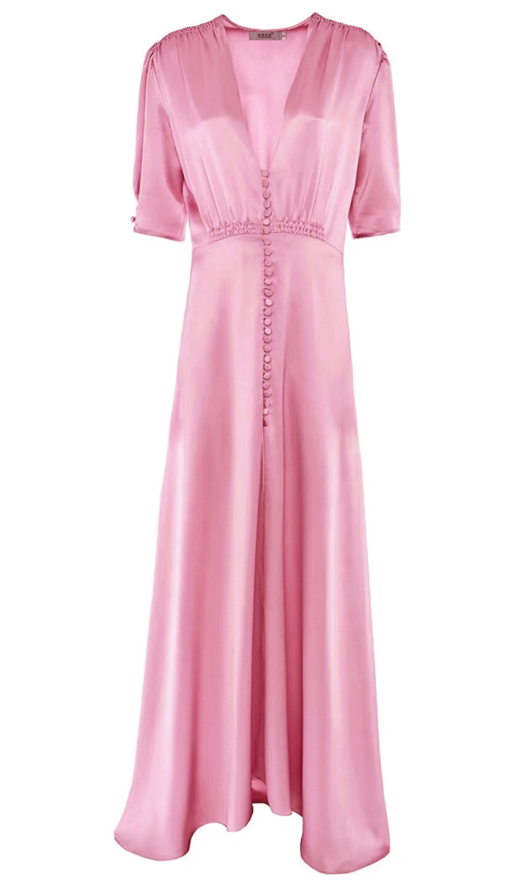 Abito lungo in raso rosa con scollo a V e bottoni sul davanti 