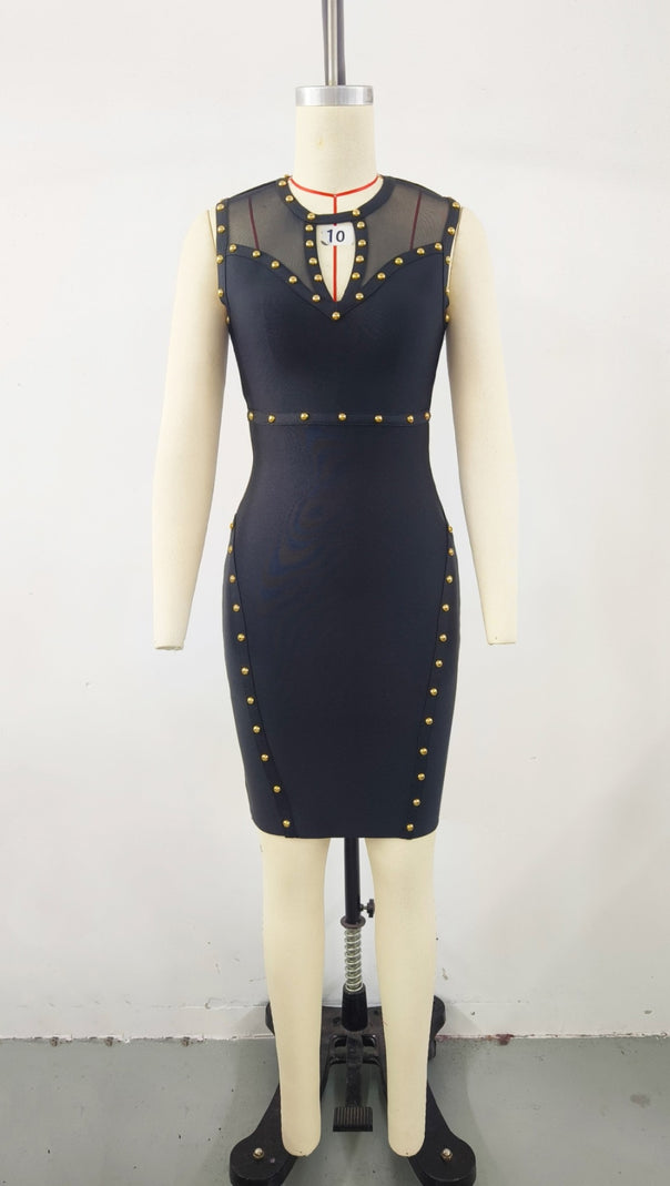 AIIZIE STUDDED SLEEVELESS BODYCON MINI DRESS IN BLACK - product image