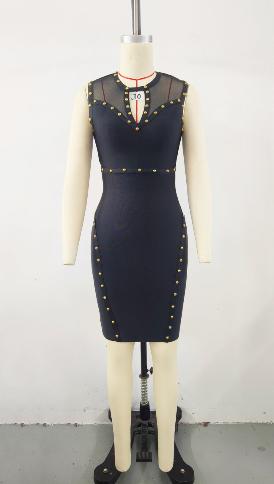 STUDDED SLEEVELESS BODYCON MINI DRESS IN BLACK