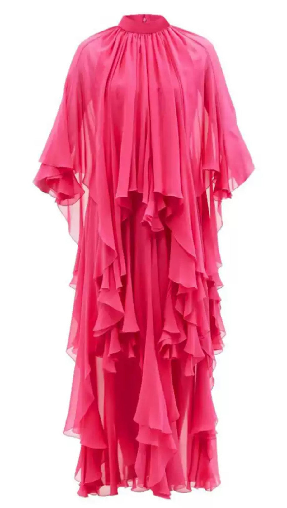 HOT PINK CHIFFON RUFFLED ASYMMETRIC MAXI DRESS
